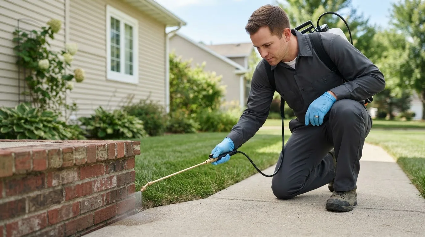Pest control technician treating a home near Westerly, RI